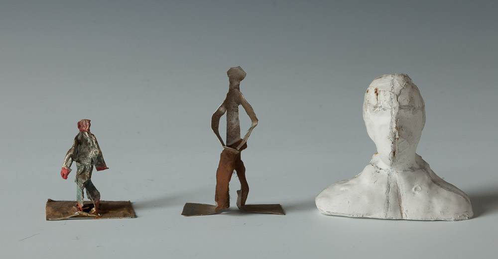 040 Three Sculptures  Left: h 1.75" x w 1.5" x d 1"  Middle: h 2.625" x w 1.75" x d .75" Plaster: h 2.5" x w 2.75" x d 1.625"