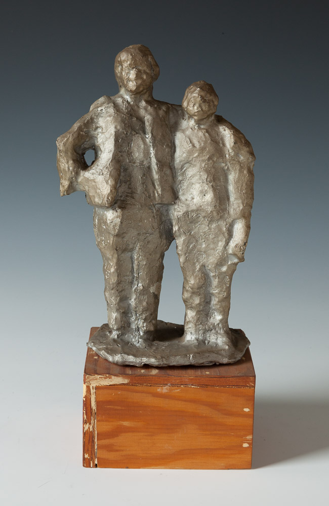 045 Two Cast Figures, Arms Over Shoulders  h 9.75" x w 6" x d 3.5" [Total h 12.75" base 3"x5"x4"]